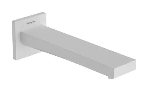 Wandmontierter Wasserlauf in mattem Weiß von Hansgrohe, mit einer schlichten, rechteckigen Form. Ideal für Badewanneninstallation.